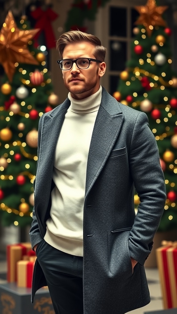 A man in a stylish Christmas outfit with a turtleneck and coat, surrounded by holiday decorations.